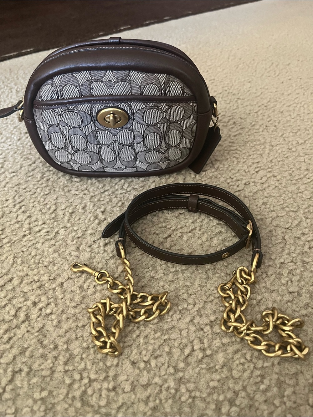 Coach mini quilted camera bag in signature jacquard and maple Napa leather